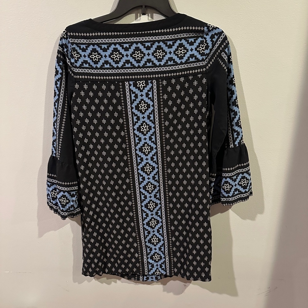 LOFT Petite Small Blue & Black Boho Print Dress Bell Sleeve Shift - Picture 4 of 4